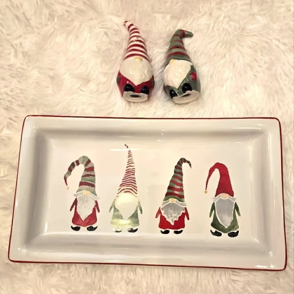 Gnomes Ceramic Serving Tray with Salt and Pepper Shakers NWT